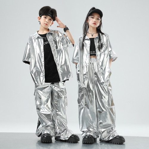 街舞兒童潮服演出服男童套裝hiphop童裝嘻哈爵士銀色皮衣酷炫炸街