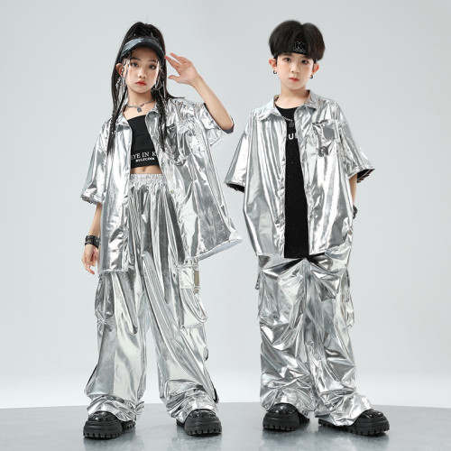 街舞兒童潮服演出服男童套裝hiphop童裝嘻哈爵士銀色皮衣酷炫炸街