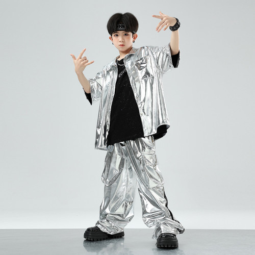 街舞兒童潮服演出服男童套裝hiphop童裝嘻哈爵士銀色皮衣酷炫炸街