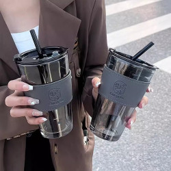 高顔值小鹿杯套吸琯杯雙飲杯辦公室大容量玻璃水杯福利小禮品杯子