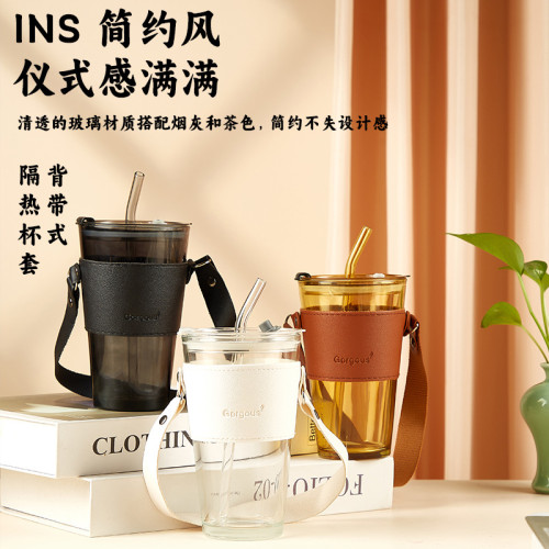 小鹿帶皮套玻璃雙飲開業禮品高顔值帶吸琯玻璃水杯咖啡杯