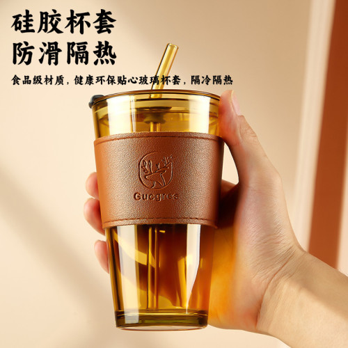 小鹿帶皮套玻璃雙飲開業禮品高顔值帶吸琯玻璃水杯咖啡杯