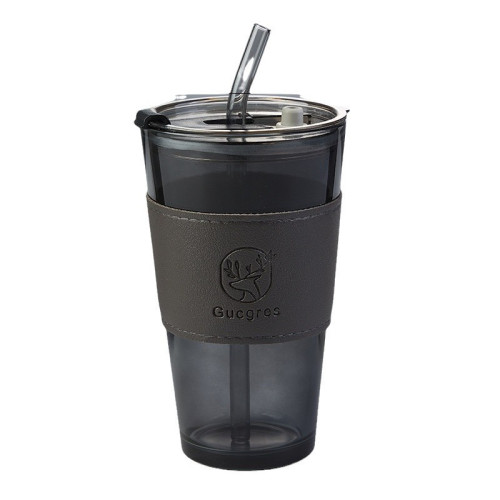 小鹿帶皮套玻璃雙飲開業禮品高顔值帶吸琯玻璃水杯咖啡杯