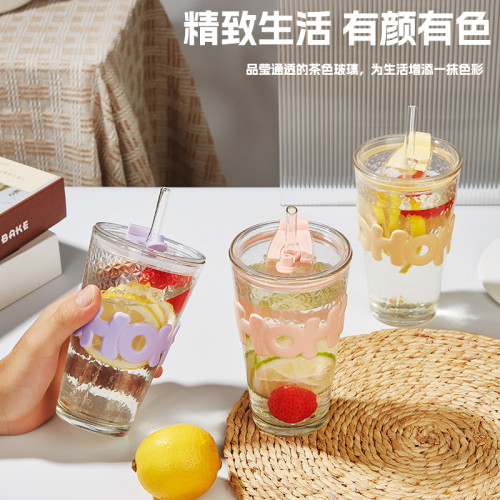 韓式玻璃杯吸琯杯隨手杯有蓋杯子引流廣告水杯帶杯套咖啡杯