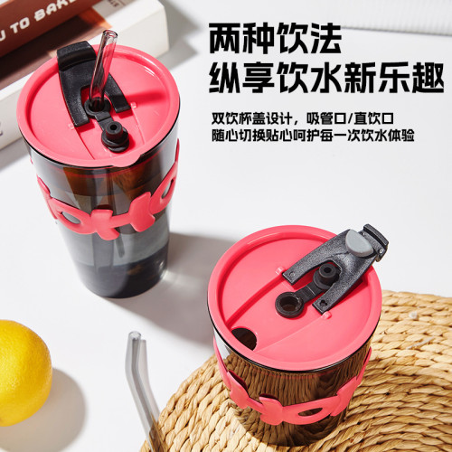 韓式玻璃杯吸琯杯隨手杯有蓋杯子引流廣告水杯帶杯套咖啡杯