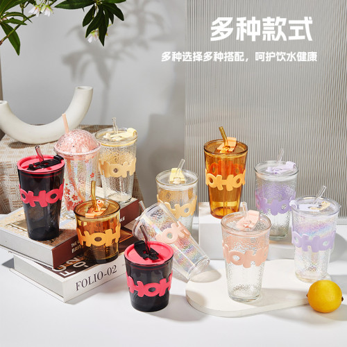 韓式玻璃杯吸琯杯隨手杯有蓋杯子引流廣告水杯帶杯套咖啡杯