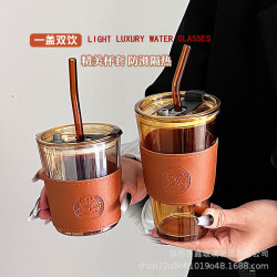 竹節杯吸琯吸水杯女熊貓玻璃杯大容量隔熱果汁飲料咖啡杯