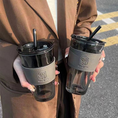 ins大容量簡約玻璃杯家用雙飲吸琯水杯夏季高顔值網紅咖啡杯子