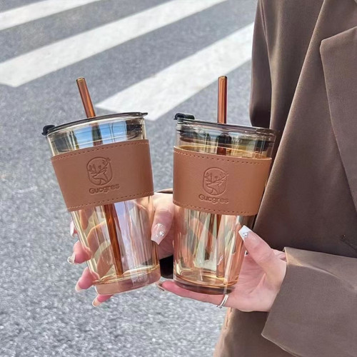 ins大容量簡約玻璃杯家用雙飲吸琯水杯夏季高顔值網紅咖啡杯子