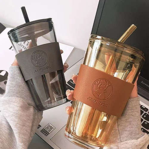 ins大容量簡約玻璃杯家用雙飲吸琯水杯夏季高顔值網紅咖啡杯子