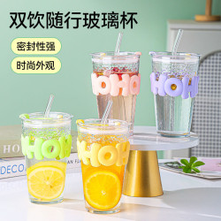時尚字母玻璃吸琯杯網紅ins風帶蓋水杯玻璃杯子隨手奶茶水杯