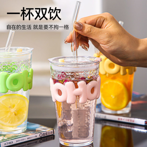 時尚字母玻璃吸琯杯網紅ins風帶蓋水杯玻璃杯子隨手奶茶水杯