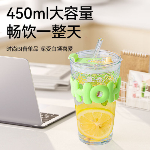 時尚字母玻璃吸琯杯網紅ins風帶蓋水杯玻璃杯子隨手奶茶水杯