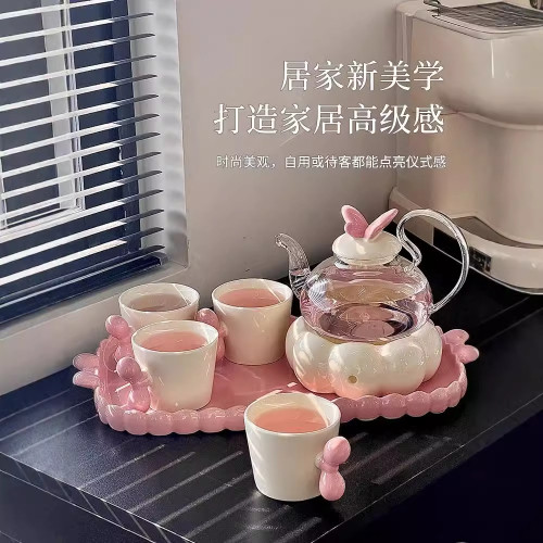 蝴蝶結花陶瓷茶具套裝精緻下午茶茶壺茶杯組合秋冬果茶高顔值水壺
