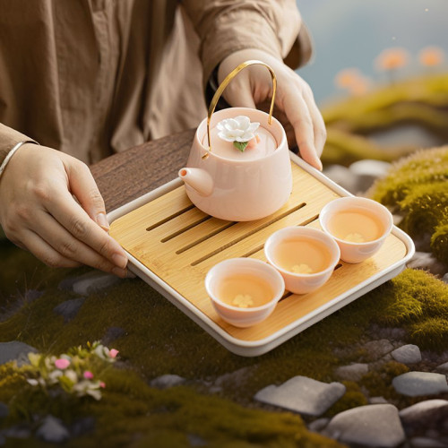 粉色捏花提梁壺功夫茶具套裝一壺四杯帶茶盤小套女生簡約泡茶杯壺 粉色捏花提梁壺功夫茶具套裝一壺四杯帶茶盤小套女生簡約泡茶杯壺