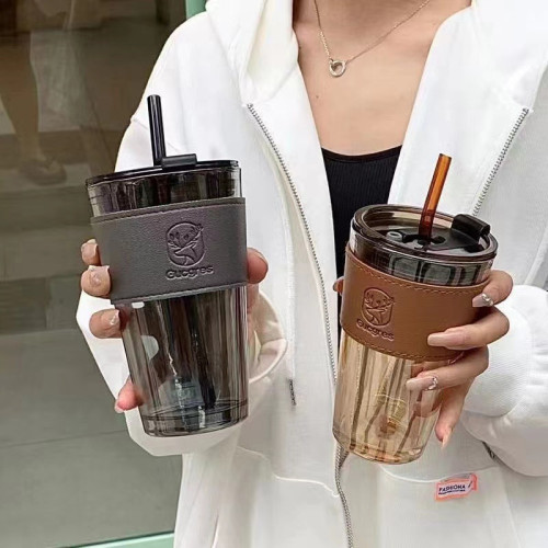網紅吸琯杯簡約玻璃杯ins風水杯辦公室隔熱防燙吸琯杯活動禮品杯