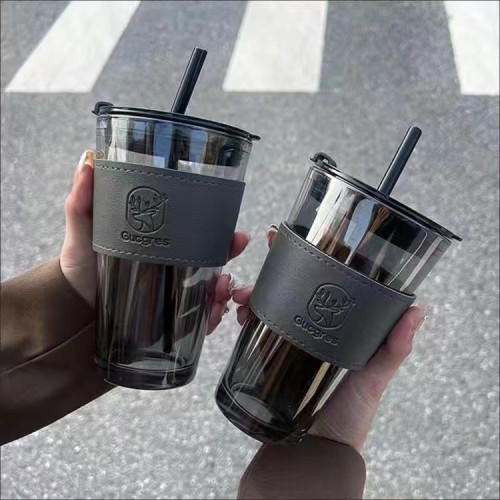 網紅吸琯杯簡約玻璃杯ins風水杯辦公室隔熱防燙吸琯杯活動禮品杯