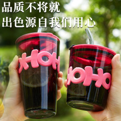新款高顔值玻璃水杯大容量少女炫彩字母杯帶蓋冷萃咖啡杯吸琯杯子
