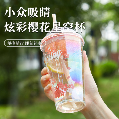 新款高顔值玻璃水杯大容量少女炫彩字母杯帶蓋冷萃咖啡杯吸琯杯子