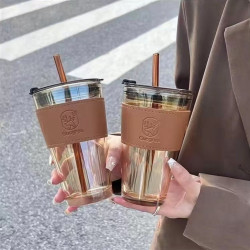 帶吸琯玻璃水杯高顔值咖啡杯帶皮套灰色小鹿雙飲開業禮品