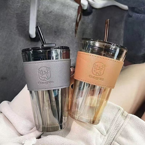 帶吸琯玻璃水杯高顔值咖啡杯帶皮套灰色小鹿雙飲開業禮品