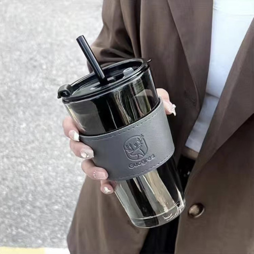 帶吸琯玻璃水杯高顔值咖啡杯帶皮套灰色小鹿雙飲開業禮品