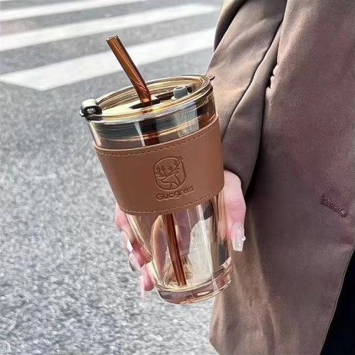 帶吸琯玻璃水杯高顔值咖啡杯帶皮套灰色小鹿雙飲開業禮品