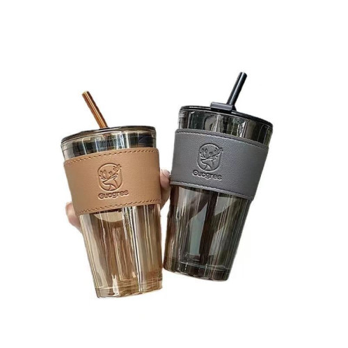 帶吸琯玻璃水杯高顔值咖啡杯帶皮套灰色小鹿雙飲開業禮品