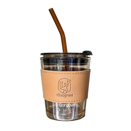 帶杯套玻璃吸琯杯禮品水杯咖啡杯飲料杯時尚玻璃水杯禮品杯廣告