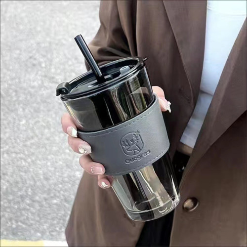 網紅吸琯杯簡約玻璃杯ins風水杯辦公室隔熱防燙吸琯杯活動禮品杯