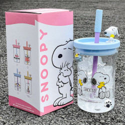 史努比高硼矽玻璃水杯女款辦公室吸管杯可愛可攜式耐高溫杯子帶刻度