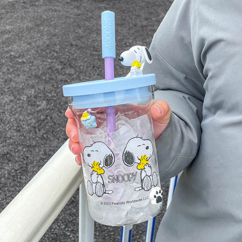 史努比高硼矽玻璃水杯女款辦公室吸管杯可愛可攜式耐高溫杯子帶刻度 史努比高硼矽玻璃水杯女款辦公室吸管杯可愛可攜式耐高溫杯子帶刻度