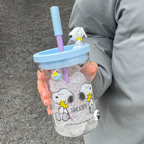 史努比高硼矽玻璃水杯女款辦公室吸管杯可愛可攜式耐高溫杯子帶刻度 史努比高硼矽玻璃水杯女款辦公室吸管杯可愛可攜式耐高溫杯子帶刻度