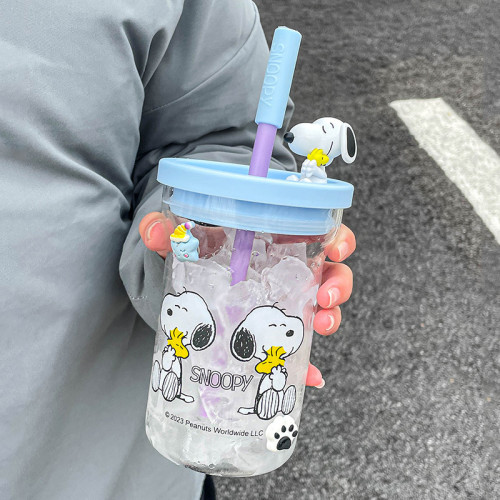 史努比高硼矽玻璃水杯女款辦公室吸管杯可愛可攜式耐高溫杯子帶刻度 史努比高硼矽玻璃水杯女款辦公室吸管杯可愛可攜式耐高溫杯子帶刻度