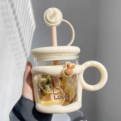 玻璃杯家用馬克杯可愛耐熱水杯女生吸管帶勺蓋辦公室早餐咖啡杯子