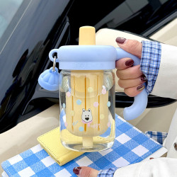 水杯玻璃杯女生2024新款夏季高顔值帶把手辦公室泡茶可愛吸管杯子