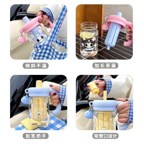 水杯玻璃杯女生2024新款夏季高顔值帶把手辦公室泡茶可愛吸管杯子 水杯玻璃杯女生2024新款夏季高顔值帶把手辦公室泡茶可愛吸管杯子