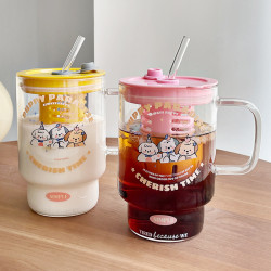 高顔值女帶茶倉吸管杯耐高溫玻璃杯可愛把手水杯牛奶飲料果茶杯子