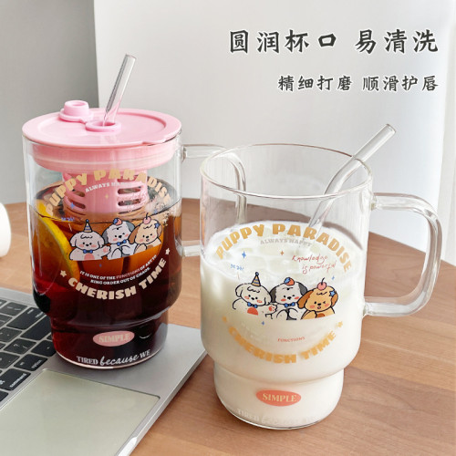 高顔值女帶茶倉吸管杯耐高溫玻璃杯可愛把手水杯牛奶飲料果茶杯子 高顔值女帶茶倉吸管杯耐高溫玻璃杯可愛把手水杯牛奶飲料果茶杯子