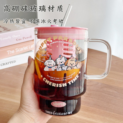 高顔值女帶茶倉吸管杯耐高溫玻璃杯可愛把手水杯牛奶飲料果茶杯子 高顔值女帶茶倉吸管杯耐高溫玻璃杯可愛把手水杯牛奶飲料果茶杯子