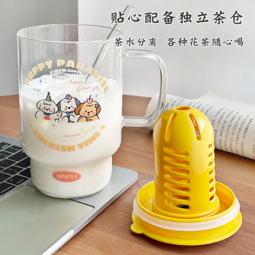 高顔值女帶茶倉吸管杯耐高溫玻璃杯可愛把手水杯牛奶飲料果茶杯子 高顔值女帶茶倉吸管杯耐高溫玻璃杯可愛把手水杯牛奶飲料果茶杯子