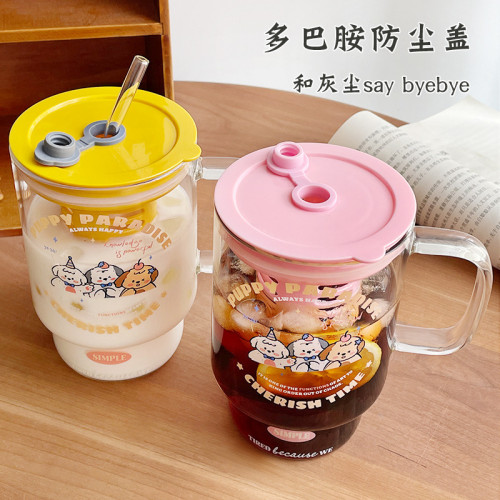高顔值女帶茶倉吸管杯耐高溫玻璃杯可愛把手水杯牛奶飲料果茶杯子 高顔值女帶茶倉吸管杯耐高溫玻璃杯可愛把手水杯牛奶飲料果茶杯子