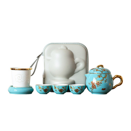 高檔西湖藍可攜式旅行茶具套裝家用戶外簡約泡茶壺陶瓷汝窰羊脂玉 高檔西湖藍可攜式旅行茶具套裝家用戶外簡約泡茶壺陶瓷汝窰羊脂玉