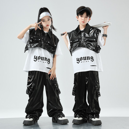 街舞兒童潮服演出服男童套裝hiphop童裝嘻哈爵士女孩皮衣馬甲走秀