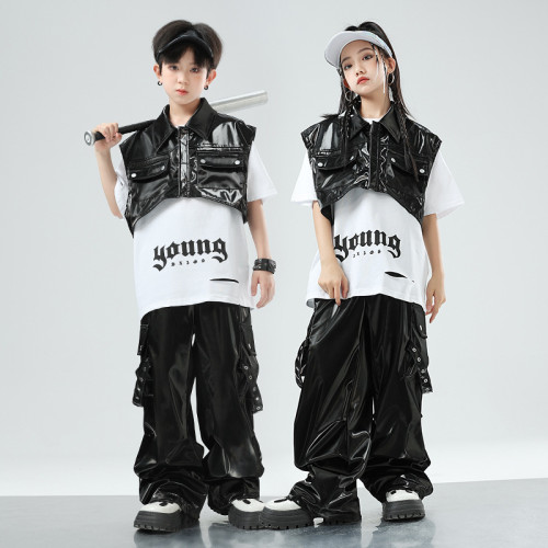 街舞兒童潮服演出服男童套裝hiphop童裝嘻哈爵士女孩皮衣馬甲走秀