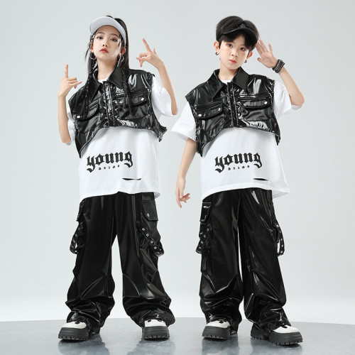 街舞兒童潮服演出服男童套裝hiphop童裝嘻哈爵士女孩皮衣馬甲走秀