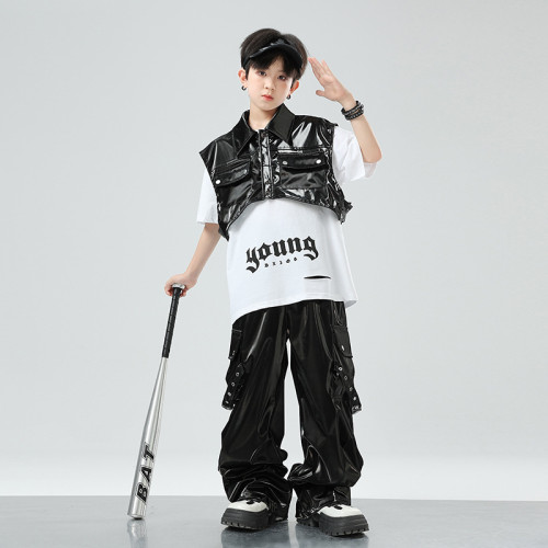 街舞兒童潮服演出服男童套裝hiphop童裝嘻哈爵士女孩皮衣馬甲走秀