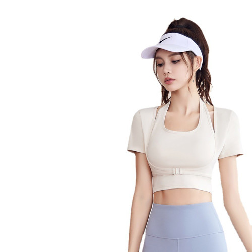 聚衣堂免穿文胸健身衣掛脖瑜伽服短袖上衣緊身運動短袖女