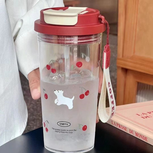 小紅書同款夏季雙飲紅櫻桃小狗杯可攜式大容量咖啡杯車用水杯隨行杯