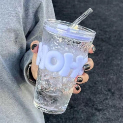 高顔值碎冰吸琯杯玻璃水杯家用大容量炫彩字母杯帶蓋喝水杯子